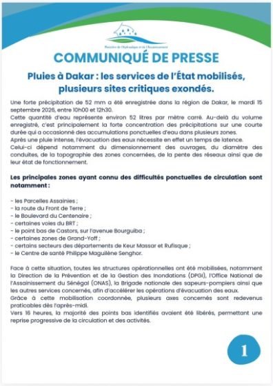 COMMUNIQUÉ DE PRESSE : Pluies à Dakar, les services de l’État mobilisés, plusieurs sites critiques exondés