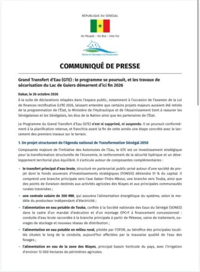 Communiqué de presse: Grand Transfert d’Eau (GTE) le programme se poursuit, et les travaux de sécurisation du Lac de Guiers démarrent d’ici fin 2026